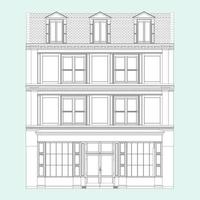 Oldfashioned brick building Coloring Book in realistic style. European facade house front view. Vector illustration isolated on white background.