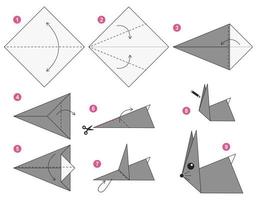 Rabbit origami scheme tutorial moving model. Origami for kids. Step by step how to make a cute origami rabbit. Vector illustration.