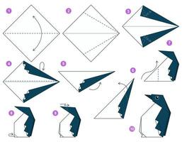 Penguin origami scheme tutorial moving model. Origami for kids. Step by step how to make a cute origami penguin. Vector illustration.