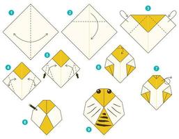 Bee origami scheme tutorial moving model. Origami for kids. Step by step how to make a cute origami honeybee. Vector illustration.