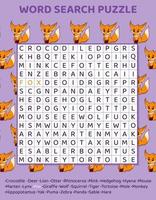 Word search puzzle with wild animals. Education game for children. Learning English language. Cartoon spelling puzzle. Test for kids Crossword book. Vector illustration.