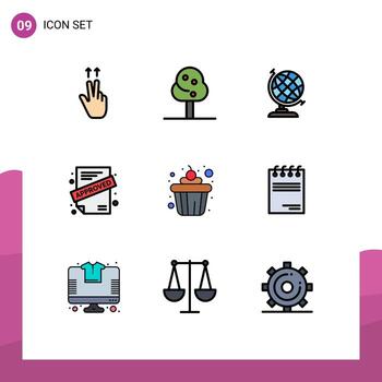 9 Universal Filledline Flat Color Signs Symbols of paper notepad globe food cake Editable Vector Design Elements
