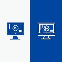 Computer Monitor Play Music Line and Glyph Solid icon Blue banner vector