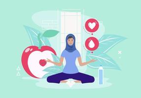 mujer árabe con hiyab hace yoga en posición de loto y una vida saludable alrededor, agua, frutas y naturaleza. vector