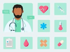 Indian doctor and a set of health icons. vector