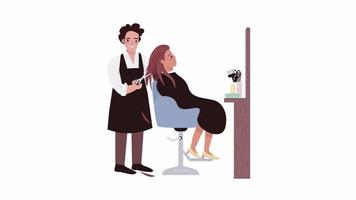 Animated haircut in salon characters. Woman at hairdressing salon. Full body flat people on white background with alpha channel transparency. Colorful cartoon style HD video footage for animation