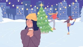 ilustración animada de la pista de hielo. dama disfrutando de una bebida caliente. árbol de navidad decorado. animación de personajes de dibujos animados 2d de color plano en bucle sobre fondo de invierno. video hd con canal alfa