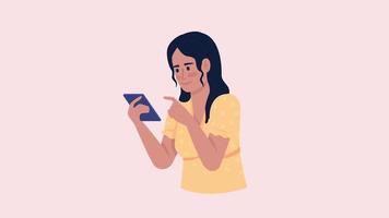 teléfono de desplazamiento de personajes animados. mujer usando teléfono inteligente. persona plana de medio cuerpo sobre fondo rosa con transparencia de canal alfa. imágenes de video hd de estilo de dibujos animados coloridos para animación