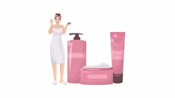 Animated facial care concept. Premium skincare products. Looped 2D cartoon flat character on white with alpha channel transparency for web design. HD video footage. Promotion creative idea animation