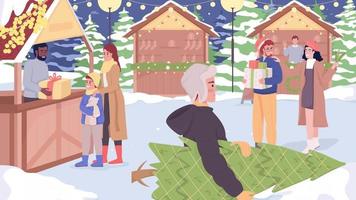 animierte marktillustration. glückliche Menschen, die sich auf den Urlaub vorbereiten. Weihnachtszeit. geloopte flache 2d-animation von zeichentrickfiguren auf festlichem dorfhintergrund. HD-Video mit Alphakanal