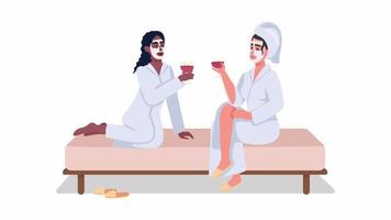 Animated spa day characters. Friends with drinks at pampering party. Full body flat people on white background with alpha channel transparency. Colorful cartoon style HD video footage for animation