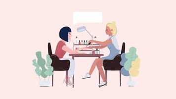 Animated manicure salon characters. Master talking to customer. Full body flat people on pink background with alpha channel transparency. Colorful cartoon style HD video footage for animation