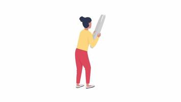 Animated beautician concept. Woman with giant tweezer. Looped 2D cartoon flat character on white with alpha channel transparency for web design. HD video footage. Service creative idea animation