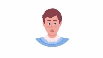 Animated shocked young man emotion. Male surprise. Flat character head with facial expression animation. Colorful cartoon style HD video footage on white with alpha channel transparency