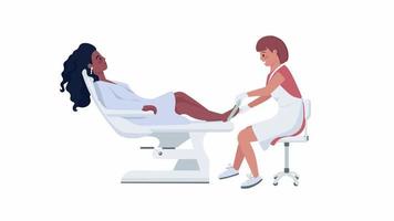 personagens de salão de pedicure animados. massagem nos pés e cuidados com as unhas. pessoas planas de corpo inteiro em fundo branco com transparência de canal alfa. filmagens de vídeo hd de estilo cartoon colorido para animação video