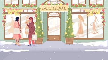 Animated boutique facade illustration. Christmas season. Looped flat color 2D cartoon cityscape animation on decorated street background. HD video with alpha channel