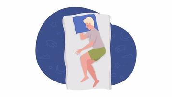 Animated isolated man sleeps on side. Looped flat 2D character HD video footage. Relaxed nap colorful animation on white background with alpha channel transparency for website, social media