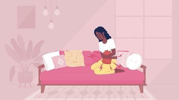 Animated relieve period illustration. Menstruation pains. Woman overcome menstrual cramps. Looped flat color 2D cartoon character animation with living room on background. HD video with alpha channel