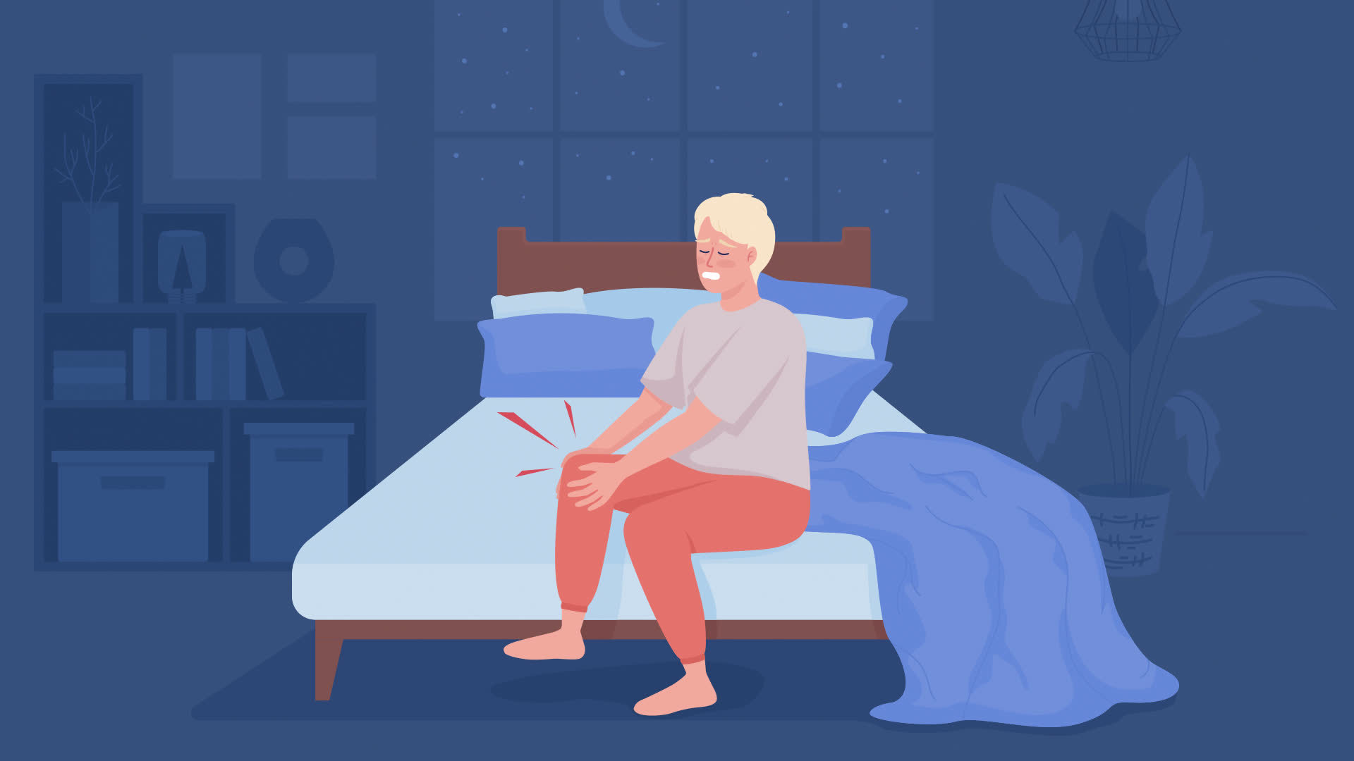 Animated night pains illustration. Young man with knee cramps. Bone