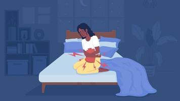 Animated period aches illustration. Menstrual cramps at night. Woman relieve menstruation pain. Looped flat color 2D cartoon character animation with bedroom on background. HD video with alpha channel
