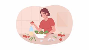 animato isolato donna fa insalata. loop piatto 2d personaggio HD video filmato. cucinando salutare cibo colorato animazione su bianca sfondo con alfa canale trasparenza per sito web, sociale media