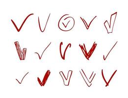 Hand drawn sketchy checkmarks. Ticks for marking progress, achievements, or choice. Education, business, planning and voting hand drawn symbols vector