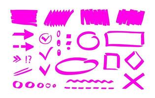 Pink marker highlighter shapes, marks, strokes, pointers, lines. Simple hand drawn editable design elements for notes, bullet journal, memo, planner, collaboration vector