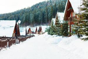 wooden house in winter forest photo