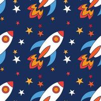 Rocket Spacecraft with stars Seamless vector Pattern. Design for use background, textile,Fabric, Wrapping paper and others Isolated on navy blue Background.