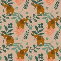 Cute cartoon elephant with exotic tropical leaves seamless vector illustration pattern background. Design For Use Textile all over fabric print wrapping paper and others.