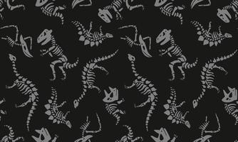 Dinosaurs skeletons fossils seamless vector pattern isolated on black background.Design for use print on all over fabric, Clothing, textiles and others. Grey silhouette art Vector illustration.