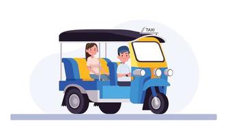 conductor y pasajero de un tuk-tuk de tres ruedas vector