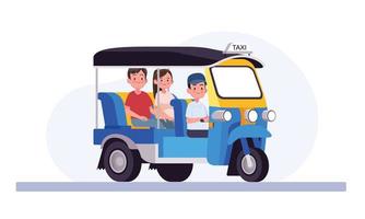 conductor y pasajero de un tuk-tuk de tres ruedas vector