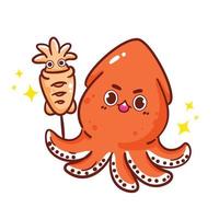 Lindo personaje de calamar restaurante de mariscos logo dibujo a mano ilustración vectorial vector