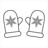 Vector black and white illustration. Warm mittens with a snowflake.