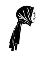 retrato de una mujer que lleva un hiyab. vista lateral. usando lentes. vector de logotipo de silueta. en blanco y negro. fondo blanco aislado.