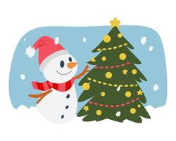 cute snowman decorating the christmas tree. wear christmas hats, scarves. winter concept, celebration. for templates, stickers, prints, stickers, etc. vector illustration