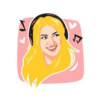 retrato de una joven con cabello rubio usando auriculares. sonrisa feliz. concepto de música, moda, tecnología. adecuado para gráficos vectoriales adhesivos, impresos, etc. vector