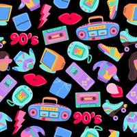 Seamless pattern with trendy patch badges with woman, lips, tape recorder, speech bubbles and other elements on dark background. Vector illustration on theme fashion 90s.