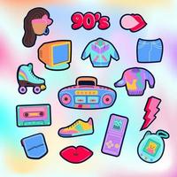 90s fashion icons with lips, sneakers, tape recorder, toys, computer trem, etc. Vector illustration isolated on color background.