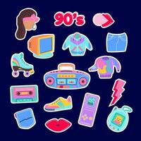 90s fashion icons with lips, sneakers, tape recorder, toys, computer trem, etc. Vector illustration isolated on dark background.