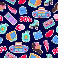 Seamless pattern with trendy patch badges with woman, lips, tape recorder, speech bubbles and other elements on dark background. Vector illustration on theme fashion 90s.