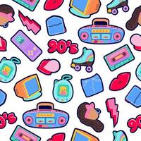 Seamless pattern with trendy patch badges with woman, lips, tape recorder, speech bubbles and other elements on white background. Vector illustration on theme fashion 90s.