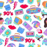 Seamless pattern with trendy patch badges with woman, lips, tape recorder, speech bubbles and other elements on white background. Vector illustration on theme fashion 90s.