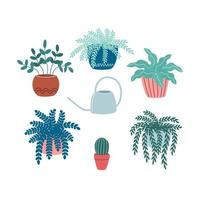 Potted house plants set. Leaf house plants growing in flower pots. Foliage decoration. Flat vector illustration isolated on white background.