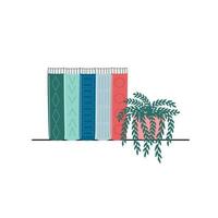 Collection of books. Library. Bookcase, bookshelf, book storage, flowers. Vector cartoon flat illustration.
