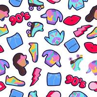 Seamless pattern with patches, stickers, badges, lips, rollers, etc on a white background. Vector illustration on theme fashion 90s.