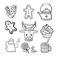 Set of Pen Drawing Artistic Christmas Doodle Icons. Xmas Vector Illustration. Outlined Sketched Decorative Design Elements, Cartoons on Crumpled Paper Texture. New Year