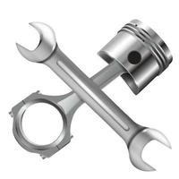 Vector realistic, 3D engine repair concept with wrench and piston isolated on white background.