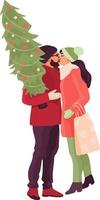 pareja romántica besándose en ropa de invierno, hombre sosteniendo un árbol de navidad, mujer sosteniendo una bolsa de compras. vector